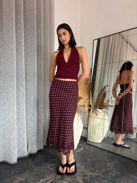 Polka Dot Lace Trim Midi Skirt