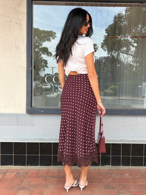 Polka Dot Lace Trim Midi Skirt