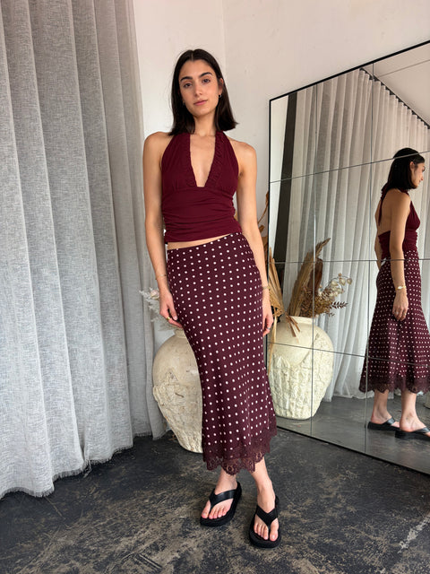 Polka Dot Lace Trim Midi Skirt