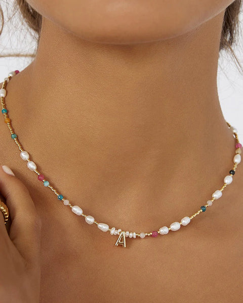 Beaded Gemstone and Pearl Initial Necklace