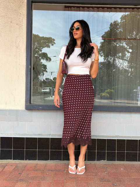 Polka Dot Lace Trim Midi Skirt
